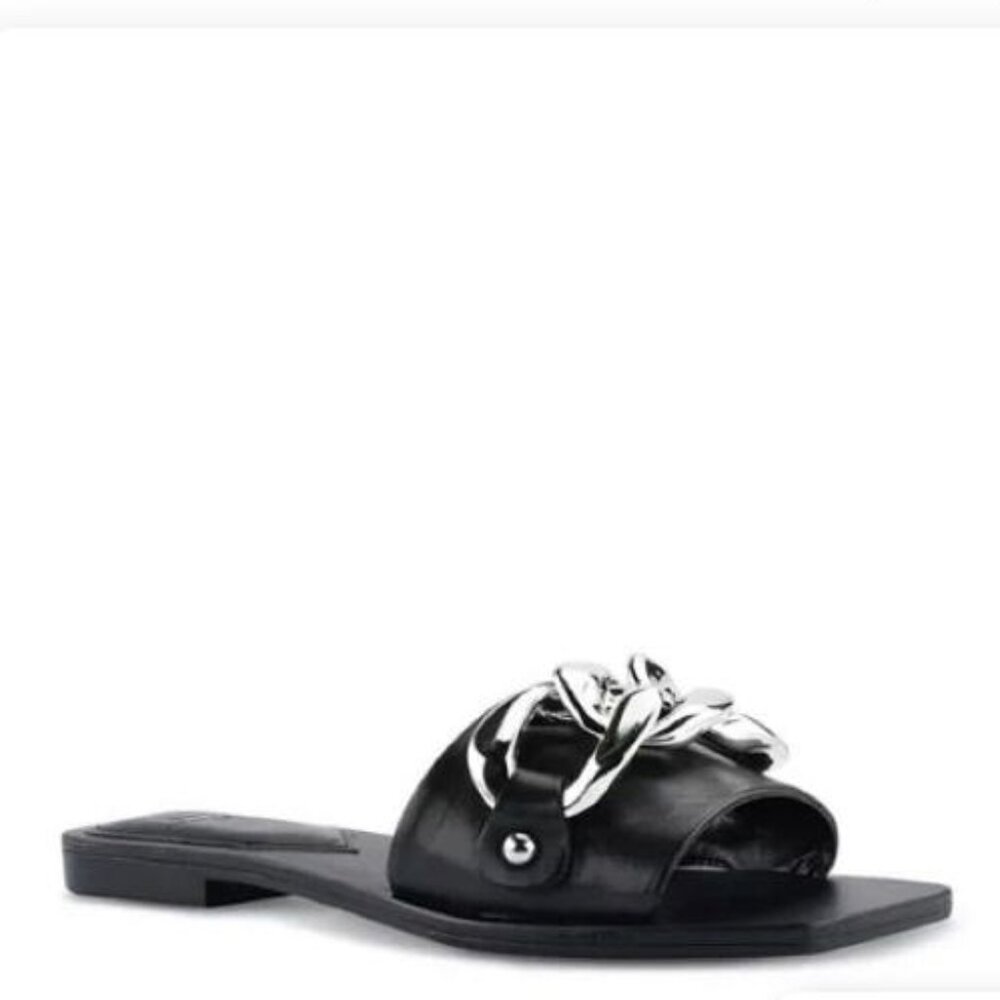 New Marc Fisher LTD Rosely Black Leather Chain Slide Sandal, 6.5